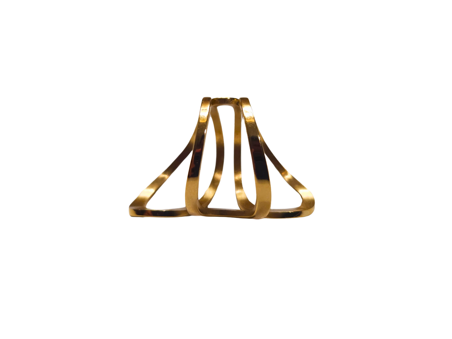 The Golden Petals Ring by Roots Jewellery embodies modern elegance with its geometric, open design set against a light background, making it a truly unique piece of jewellery.