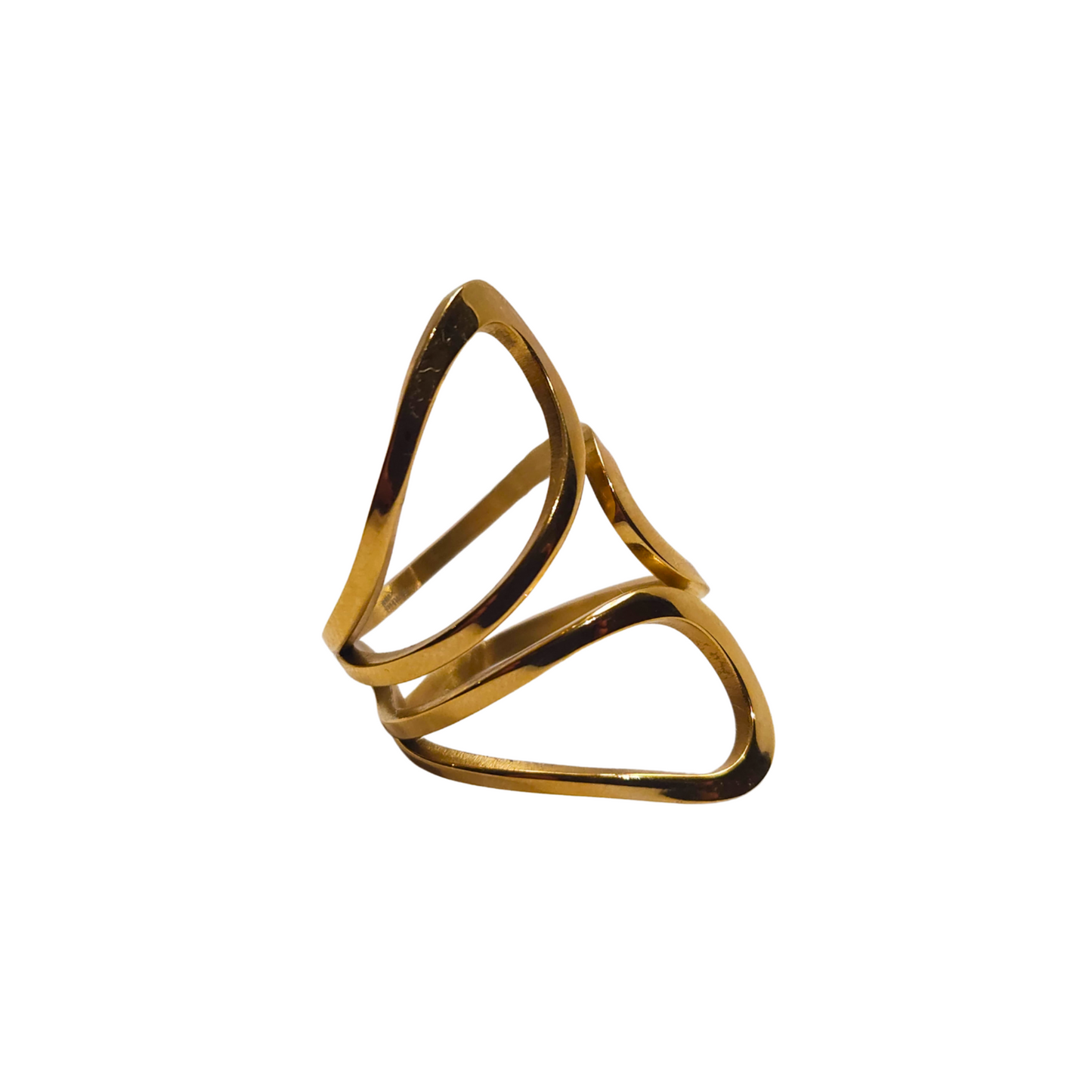 The Golden Petals Ring by Roots Jewellery embodies modern elegance with its geometric, open design set against a light background, making it a truly unique piece of jewellery.