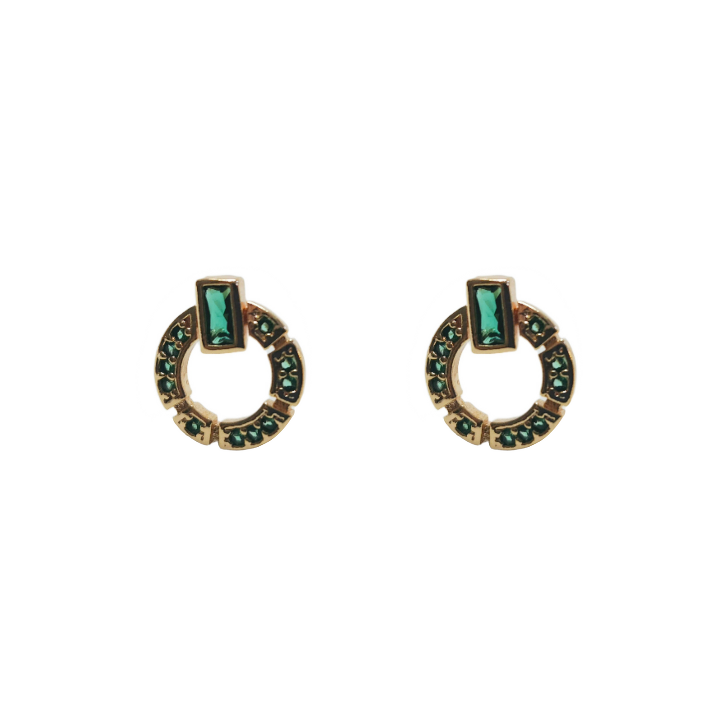 These elegant Natural Green Zircon Earrings by Roots Jewellery feature a gold-plated finish, highlighted by a distinctive circular design adorned with a striking rectangular green zircon stone at the top.