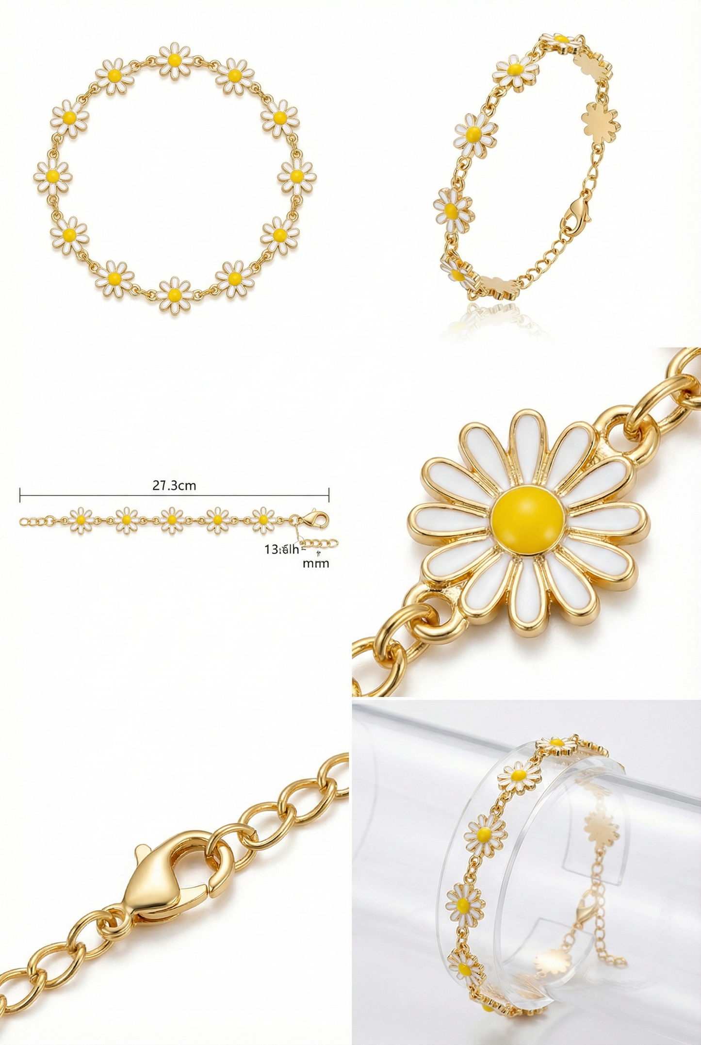 Gold bracelet with daisy flower charms on a white background